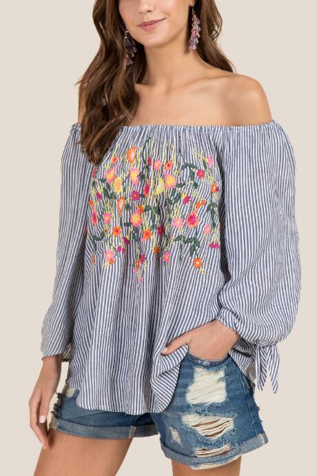Francesca's Stephanie Embroidered Stripe Peasant Top - Navy