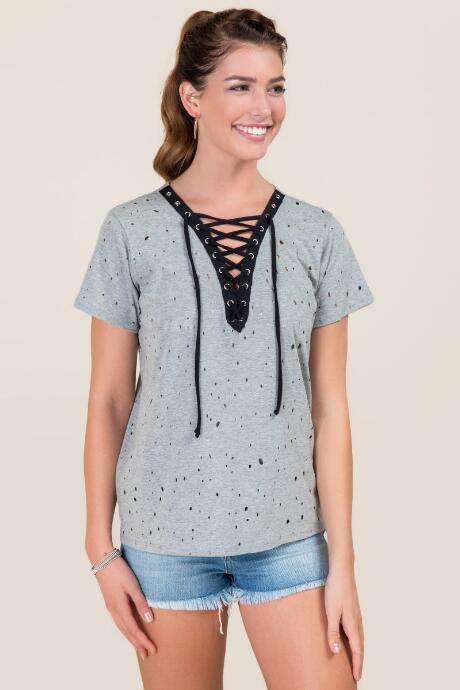 Alya Evertt Extreme Lattice Distressed Knit Tee - Heather Gray