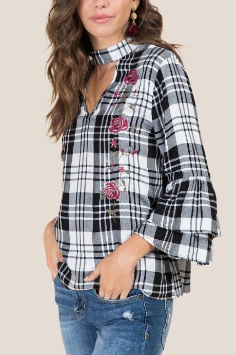 Francesca's Addie Gigi Embroidered Plaid Blouse - Black/white