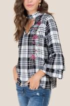 Francesca's Addie Gigi Embroidered Plaid Blouse - Black/white