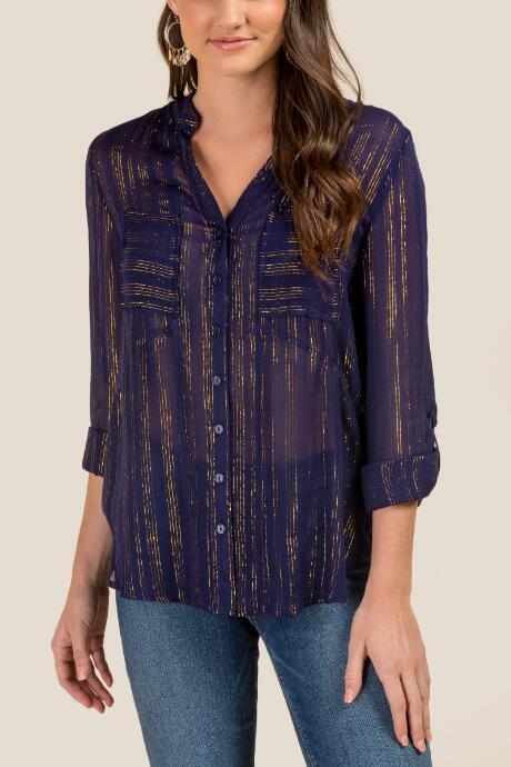 Francesca Inchess Kate Lurex Striped Button Down Blouse - Ink Navy