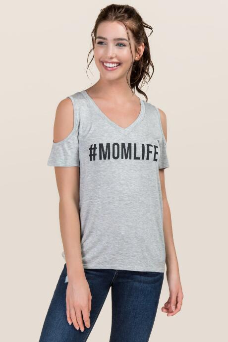 Alya Momlife Cold Shoulder Graphic Tee - Heather Gray