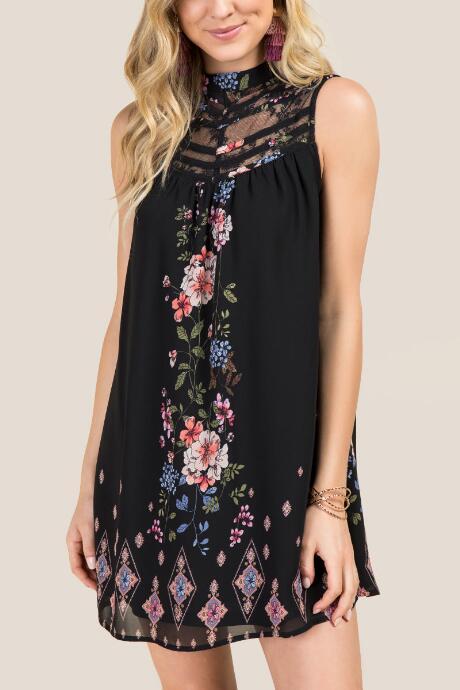 Francesca's Dahlia Hi-neck Floral Lace Mix Shift Dress - Black