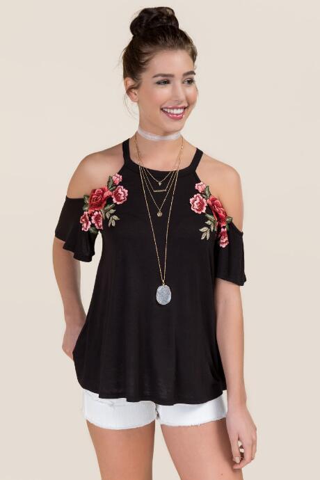 Alya Astra Cold Shoulder Rose Patch Knit Top - Black
