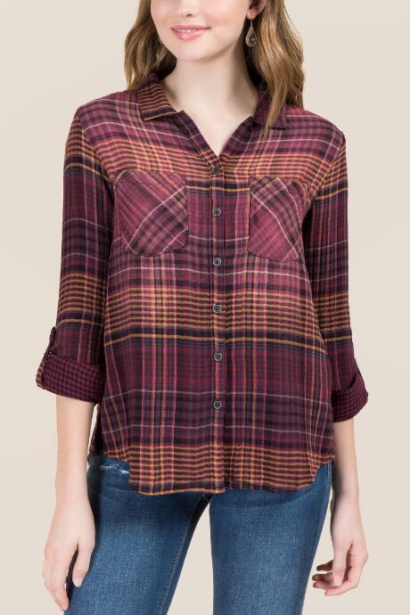 Francesca's Terry Button Back Plaid Top - Burgundy