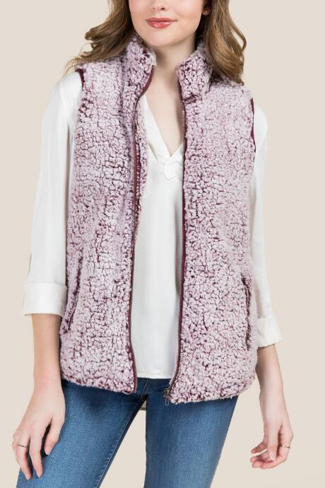 Francesca's Lydia Zip Front Wubby Vest - Burgundy