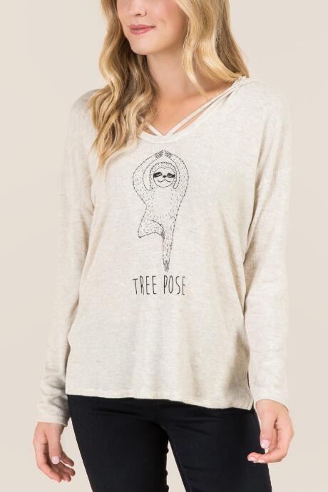 Francesca's Sloth Tree Pose Graphic Tee - Heather Oat