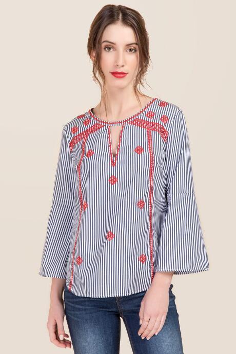 Blue Rain Blake Striped Poplin Embroidered Top - Navy