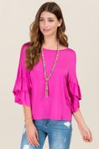 Alya Clemence Tier Ruffle Sleeve Knit Tee - Neon Pink
