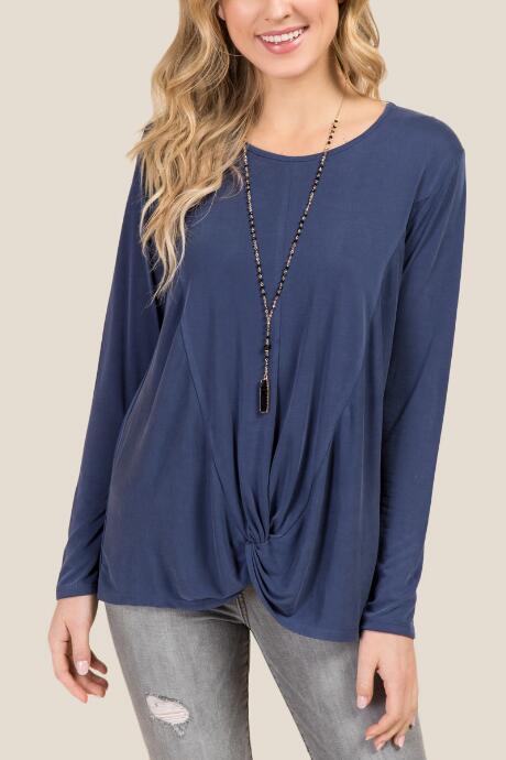 Francesca's Cheri Long Sleeve Knot Front Cupro Top - Navy