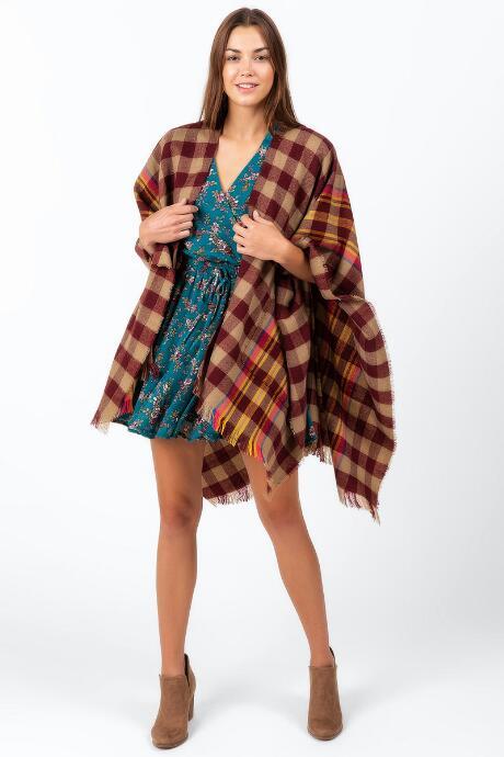 Francesca's Vicky Autumn Plaid Poncho - Burgundy