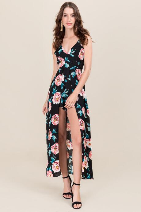Francesca's Lacey Floral Maxi Romper - Black