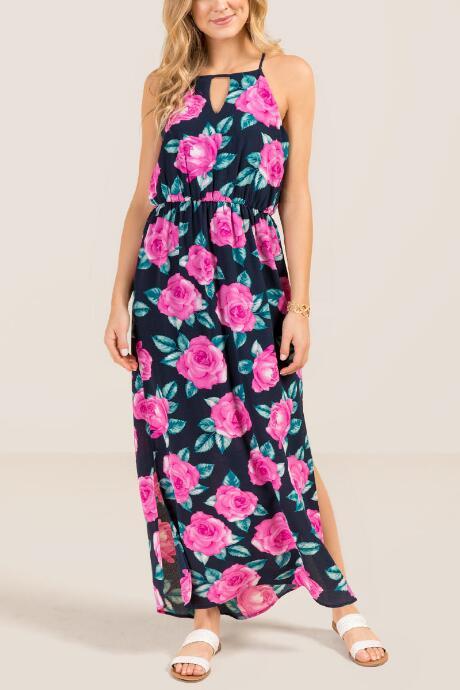 Francesca Inchess Sydney Floral Keyhole Shift Maxi Dress - Navy