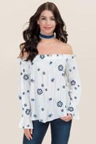 Blue Rain Giselle Embroidered Floral Off The Shoulder Top - White