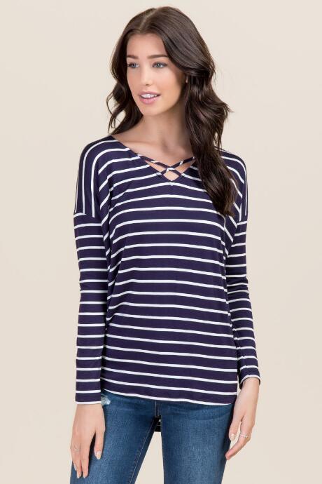 Ayla Kari Stripe Long Sleeve X Neck Top - Navy