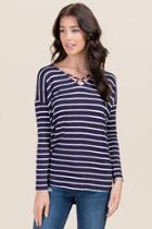 Ayla Kari Stripe Long Sleeve X Neck Top - Navy