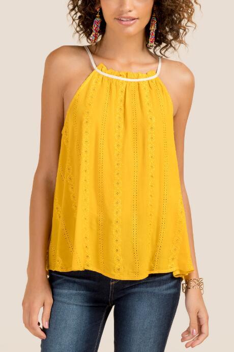 Francesca Inchess Nikki High Neck Embroidered Eyelet Tank Top - Marigold
