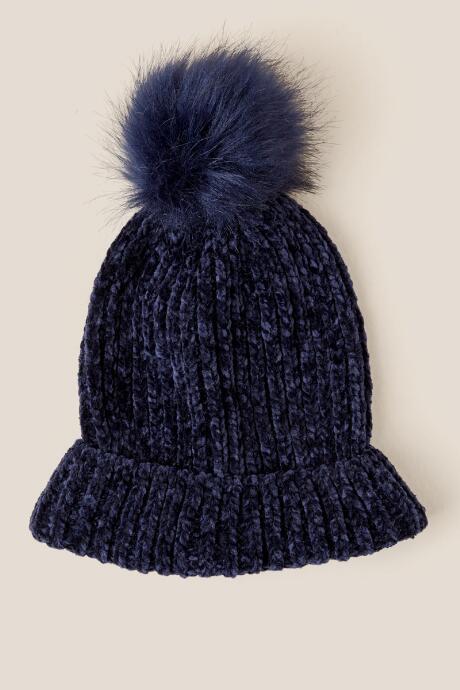 Francesca Inchess Rory Chenille Fur Pom Beanie - Navy