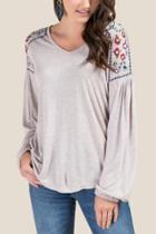 Francesca's Meghan Floral Embroidered Top - Heather Oat