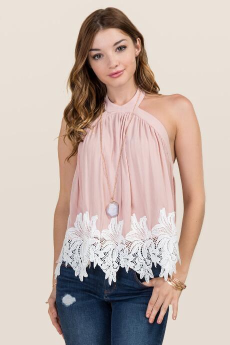 Blue Rain Calyspo High Neck Crochet Hem Tank - Pink