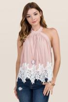 Blue Rain Calyspo High Neck Crochet Hem Tank - Pink