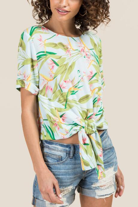 Francesca's Peggy Tie Front Tropical Top - Light Blue