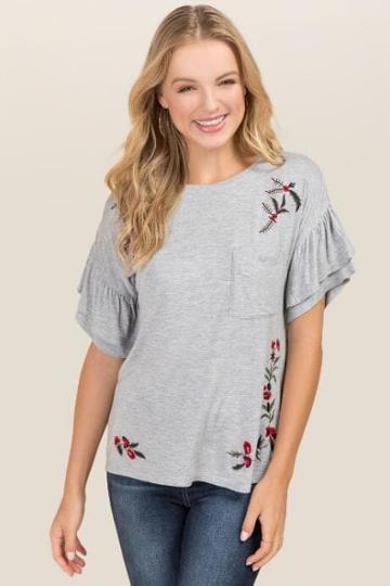 Jainsons International, Inc. Susanne Double Ruffle Sleeve Embroidery Knit Tee - Heather Gray
