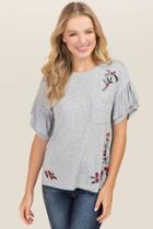 Jainsons International, Inc. Susanne Double Ruffle Sleeve Embroidery Knit Tee - Heather Gray