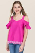Blue Rain Ethel Cold Shoulder Sweeheart Eyelet Top - Neon Pink