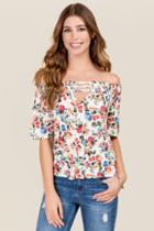 Blue Rain Cathleen Smocked Floral Off The Shoulder Knit Top - White