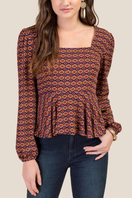 Francesca's Kelly Printed Peplum Top - Ink Navy