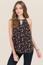 Francesca's Spencer High Neck Key Hole Floral Print Tank - Black