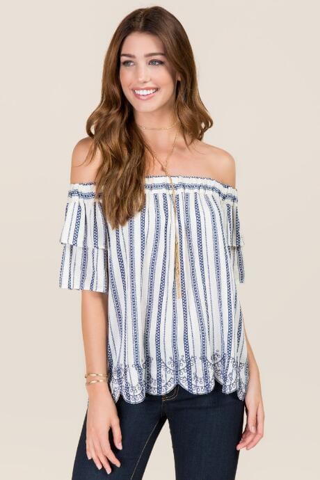 Blue Rain Lola Off The Shoulder Embroidered Scallop Hem Top - Ivory