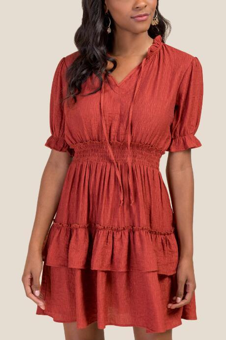 Francesca's Leslie Smocked Waist Ruffle Dress - Cinnamon