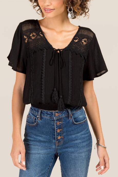 Francesca Inchess Niki Crochet Trim Smocked Waist Blouse - Black