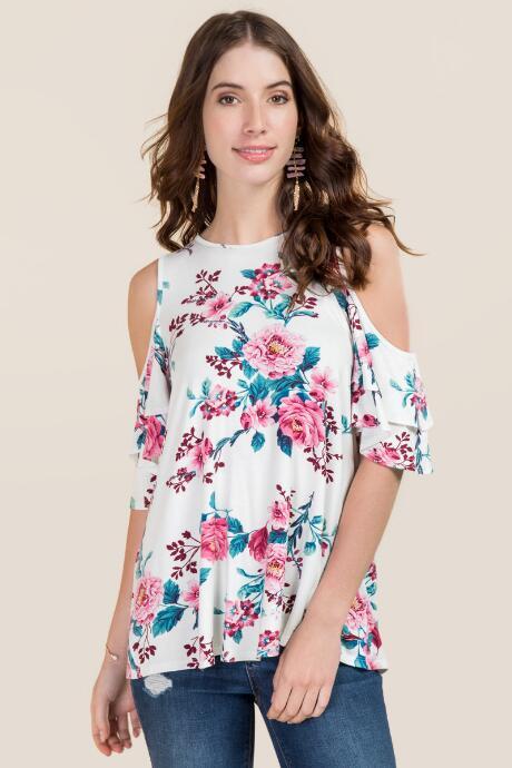 Ayla Zia Floral Double Ruffle Cold Shoulder Knit Top - Pink
