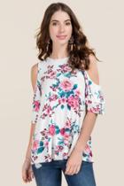Ayla Zia Floral Double Ruffle Cold Shoulder Knit Top - Pink