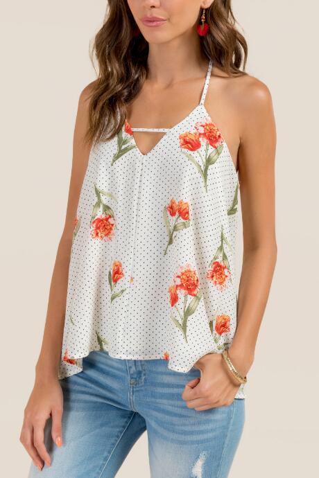 Francesca Inchess Lanei Spaghetti Cami Dot Floral Tank - White