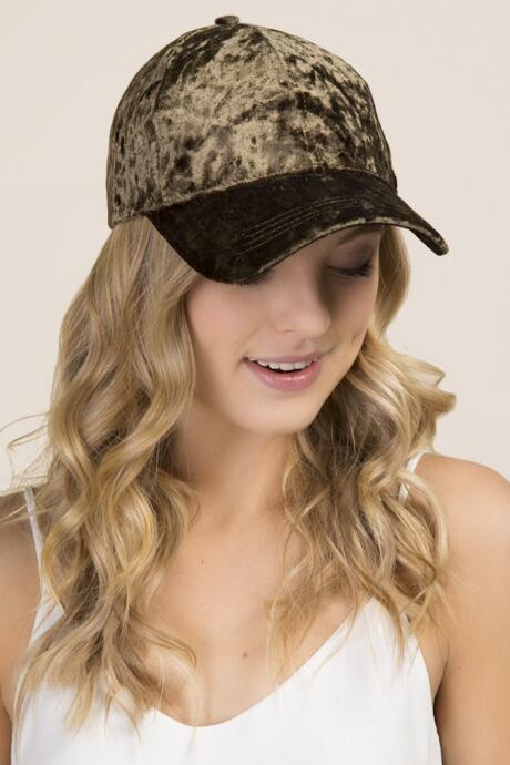 Francesca's Sheila Crushed Velvet Baseball Cap - Olive