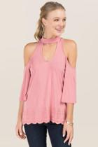 Trixxi Clothing Company Lucille Cold Shoulder Gigi Scallop Embroidery Hem Top - Rose