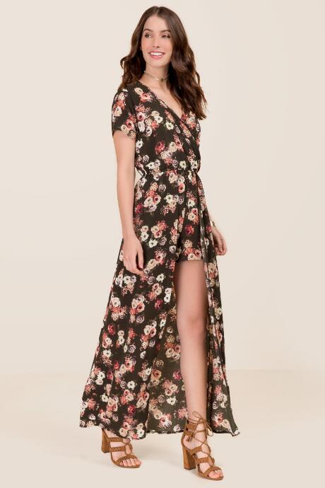 Francesca's Naomi Floral Maxi Romper - Dark Olive