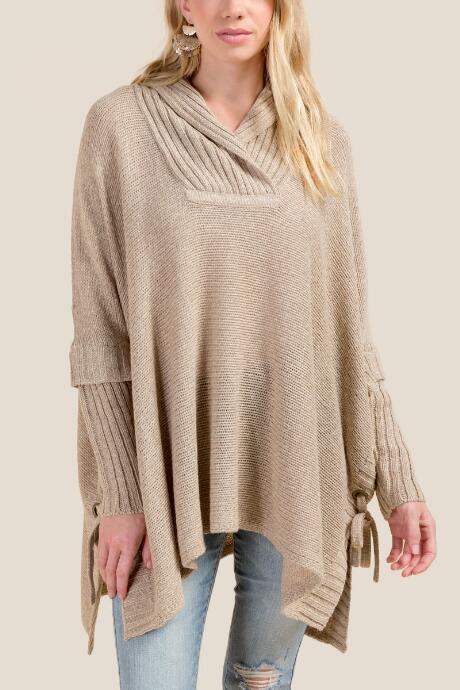 Francesca's Ivanna Side Tie Poncho - Heather Oat