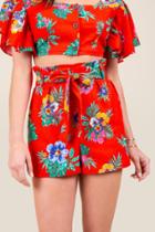 Francesca's Melissa Tropical Paperbag Shorts - Bright Red