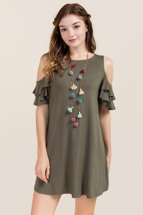 Francesca's Taryn Cold Shoulder Shift Dress - Dark Olive