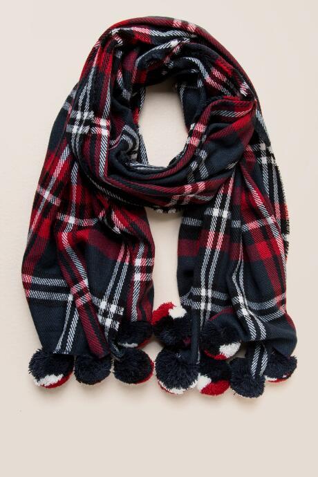 Francesca's Susanne Plaid Pom Pom Scarf - Navy