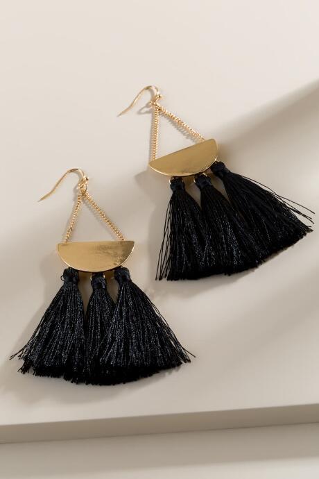 Francesca's Aubree Chained Crescent Tassel Drop Earrings - Black