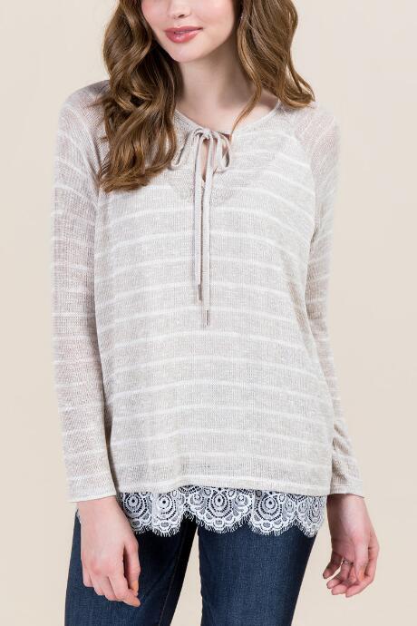 Francesca's Abby Hacci Lace Combo Stripe Top - Heather Oat