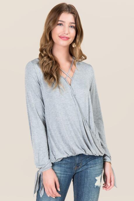 Jolie Corinne Long Sleeve Surplus X Neck Tee - Heather Gray