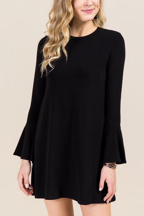 Francesca's Lee Lantern Sleeve Solid Dress - Black