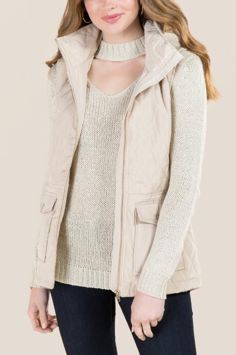 Thread And Supply Fern Puffer Fur Trim Vest - Taupe
